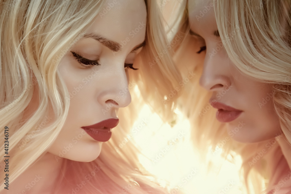 Lesbian girls faces. Freedom, relations and family values. Beauty and  fashion, look. Girls with sexy red lips, sisters. Women with blonde hair  and makeup outdoor Stock Photo | Adobe Stock