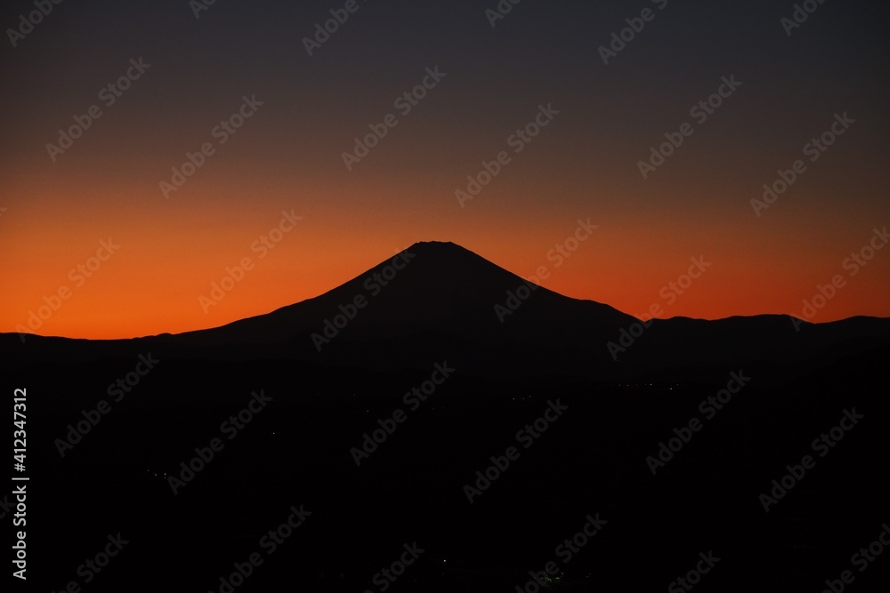 Silhouette view of Mt.Fuji after sunset in February.