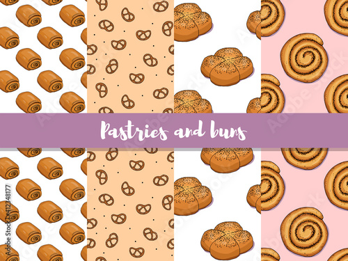 Collection of seamless patterns on the theme of pastries and buns. Colored sketch doodle style. Suitable for decorating a bakery, cafe, kitchen. Appetizing buns on a white, pink, beige background