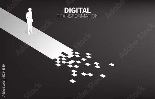 Silhouette of businessman standing on the way with pixel. concept of digital transformation of business.