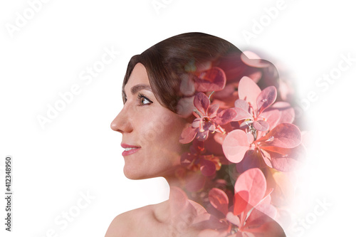Double exposure: profile of a beautiful woman and red leaves. Female beauty and spring or summer nature creative portrait