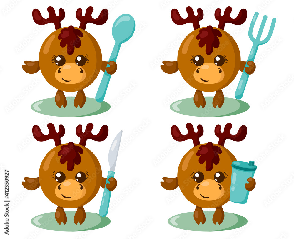 Set of funny cute kawaii moose or deer with round body, spoon, fork, knife and cup in flat design with shadows. Isolated animal vector illustration with cutlery Set of funny cute kawaii moose or deer with round body, spoon, fork, knife and cup in flat design with shadows. Isolated animal vector illustration with cutlery