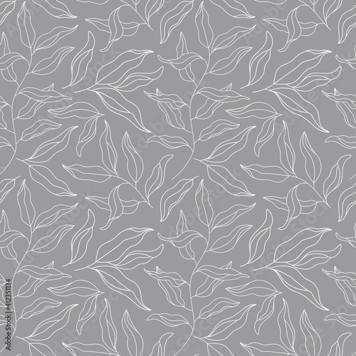 Outline Willow Tree Branch seamless pattern. Eucalyptus Leaves modern contour ornament. Line art Plant, Laurel Twig. Floral vector background, texture for textile print, scrapbooking, wrapping paper