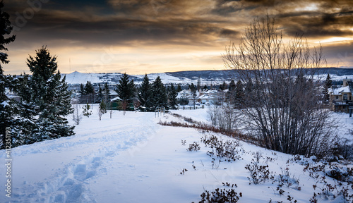 A snowshoe trail in an urban city park in Calgary Alberta Canada during the winter under a dramatic sky.