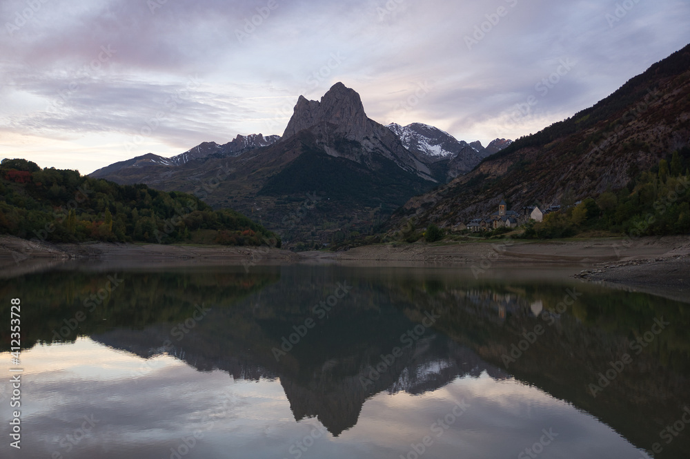 sunset at the Lanuza reservoir, in the Aragonese Pyrenees, Huesca, Spain