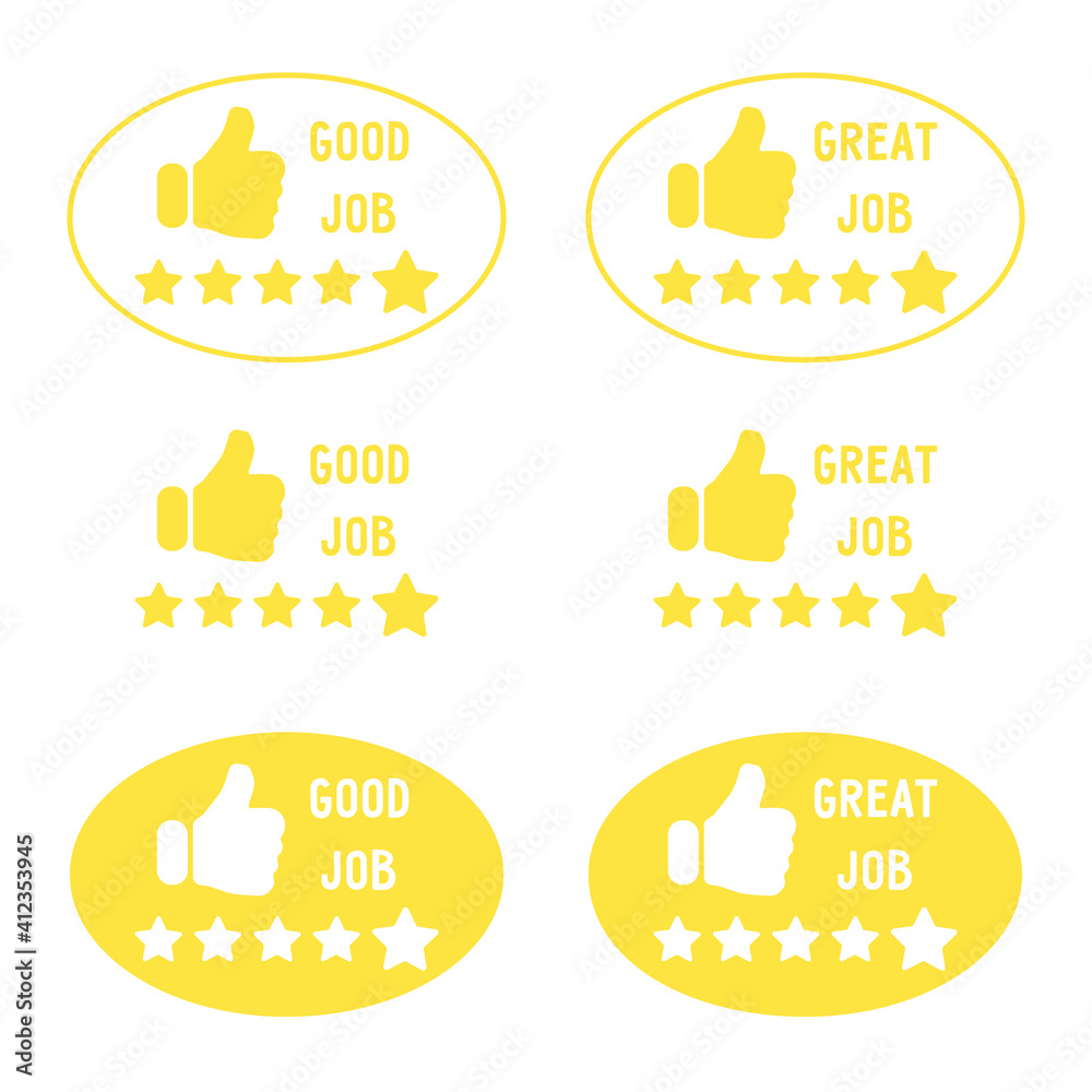 Set of oval badges with stars to assess the level of performance. Good job, great job. Can be used as yellow badges, emblems or stickers. Flat stock vector illustration isolated on white background.