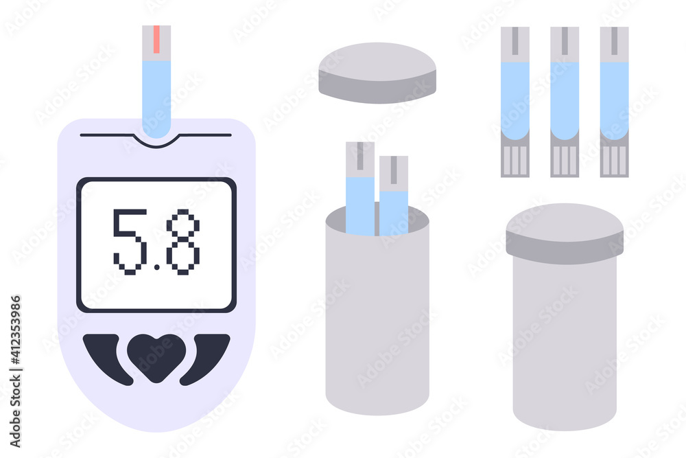 Electronic glucometer set - device for self-determination of blood glucose levels. Diagnostic medical testing tool for people with diabetes. Simple flat glucometer and standard test strips in package. Electronic glucometer set - device for self-determination of blood glucose levels. Diagnostic medical testing tool for people with diabetes. Simple flat glucometer and standard test strips in package.