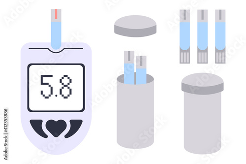 Electronic glucometer set - device for self-determination of blood glucose levels. Diagnostic medical testing tool for people with diabetes. Simple flat glucometer and standard test strips in package.