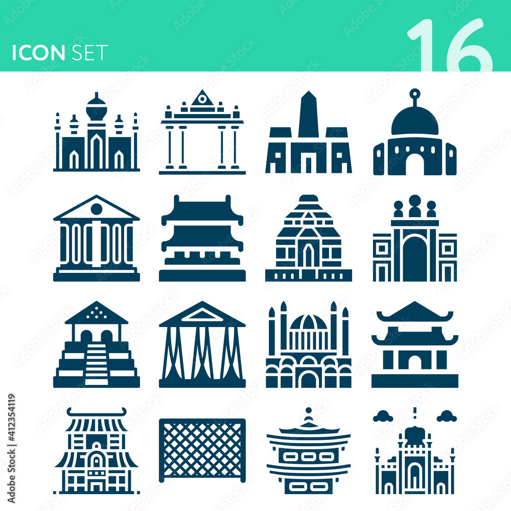 Simple set of 16 icons related to mosque
