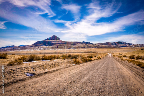 A barren desert landscape scene of the Pony Express Trail in Utah.
