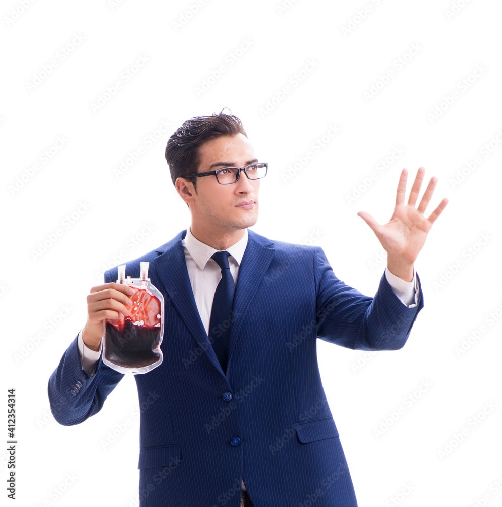 Businessman with blood bag isolated on white Businessman with blood bag isolated on white