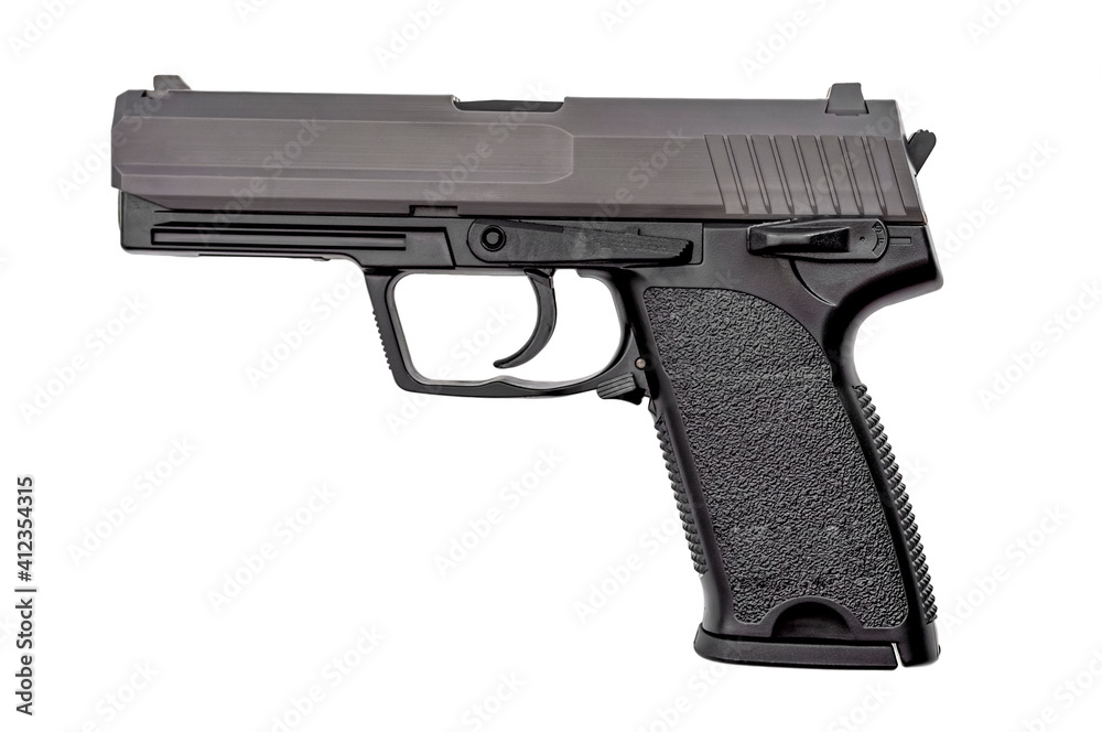 Semi automatic gun, 2nd amendment and the right to bear arms concept with picture of handgun isolated on white background with clipping path cutout