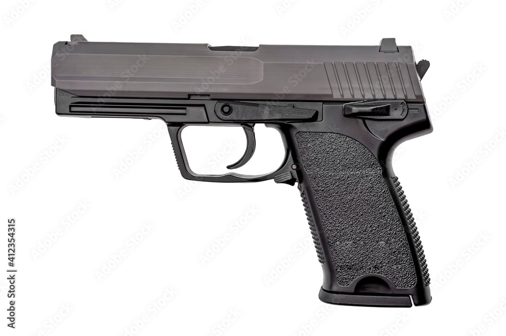 Semi automatic gun, 2nd amendment and the right to bear arms concept with picture of handgun isolated on white background with clipping path cutout Semi automatic gun, 2nd amendment and the right to bear arms concept with picture of handgun isolated on white background with clipping path cutout