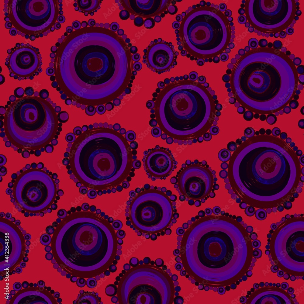 Geometric seamless pattern,texture with perfectly contacting nested circles with different size colors.Repeating pattern with circles filled with dots.For textile,wrapping paper,banner.Lilac on red Geometric seamless pattern,texture with perfectly contacting nested circles with different size colors.Repeating pattern with circles filled with dots.For textile,wrapping paper,banner.Lilac on red