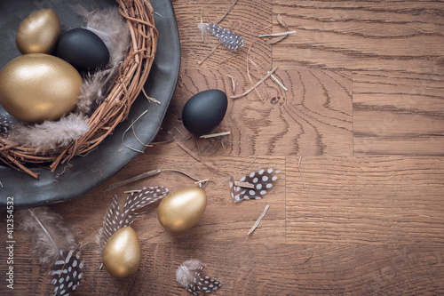 Photography Background with golden decorated easter eggs