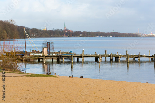 Landscape of th beach at Rostock with waterfowls