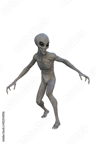 Grey Alien walking. 3D render isolated on white.