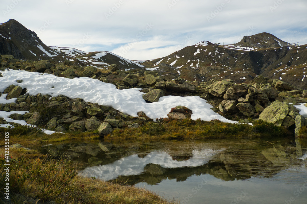 Fototapeta premium Ibon de Anayet and the Portalet with the bottom the Anayet peak. Concept famous mountains of the Aragonese Pyrenees