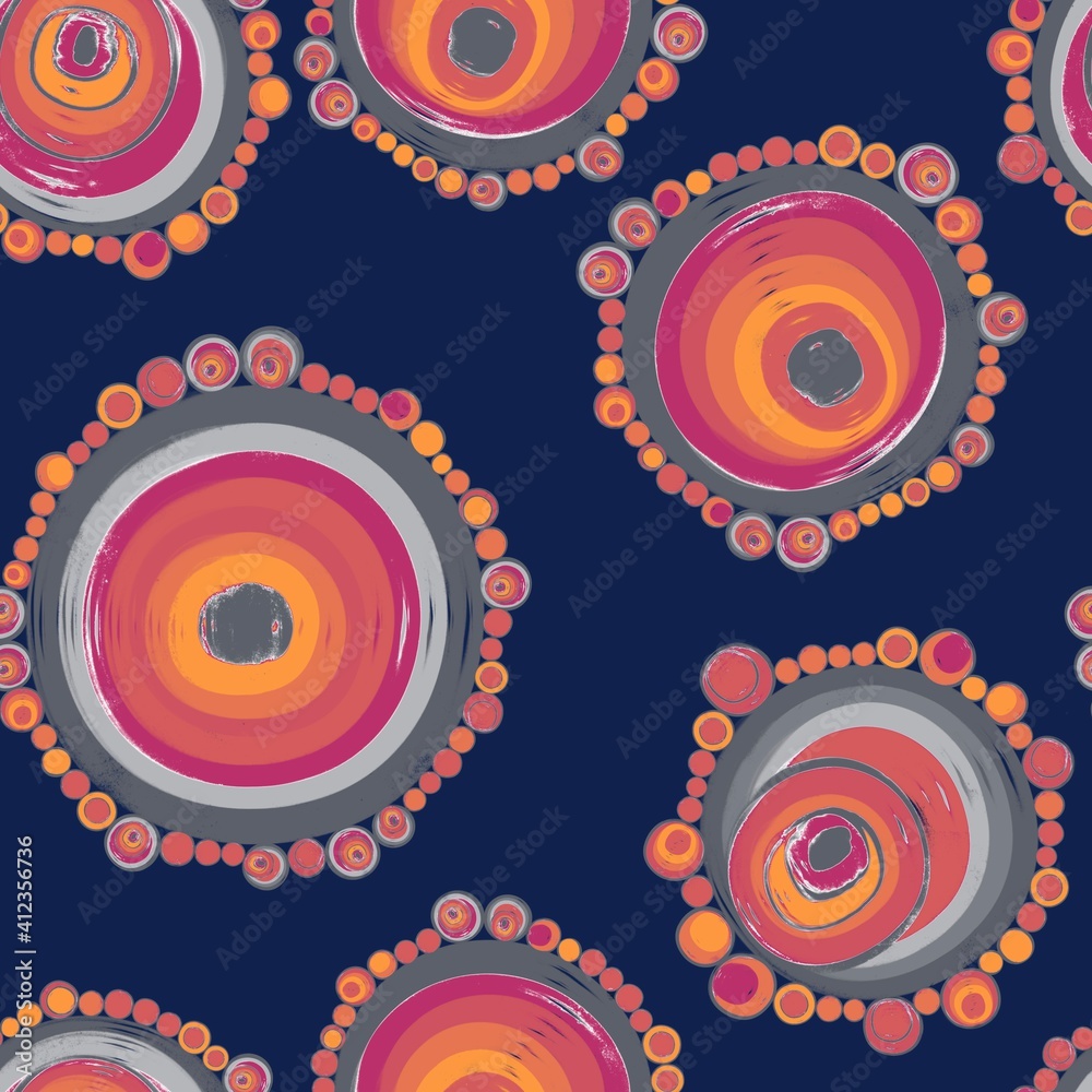 Fototapeta premium Geometric seamless pattern,texture with perfectly contacting nested circles with different size colors.Repeating pattern with circles filled with dots.For textile,wrapping paper,banner.Peach on blue