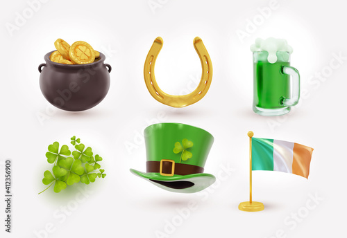 Irish holiday St Patrick day, gold coins in pot. Set of Irish St Patrick's day consisting of pot of gold coins, green hat, flag, horseshoe. Realistic design elements. Vector illustration.