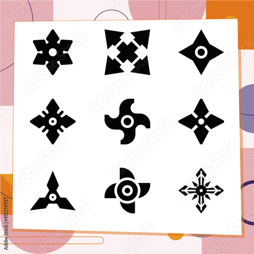 Simple set of 9 icons related to shuriken