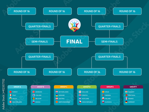 Match schedule, template for web, print, football results table, flags of European countries participating to the final tournament of european football championship 2020. vector illustration