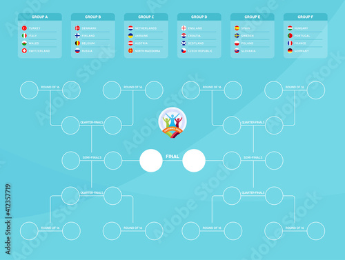 Match schedule, template for web, print, football results table, flags of European countries participating to the final tournament of european football championship 2020. vector illustration