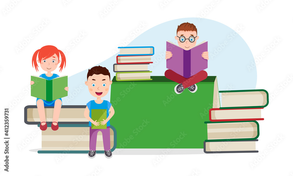 Little kids sitting and reading on a book pile. Vector illustration. 
