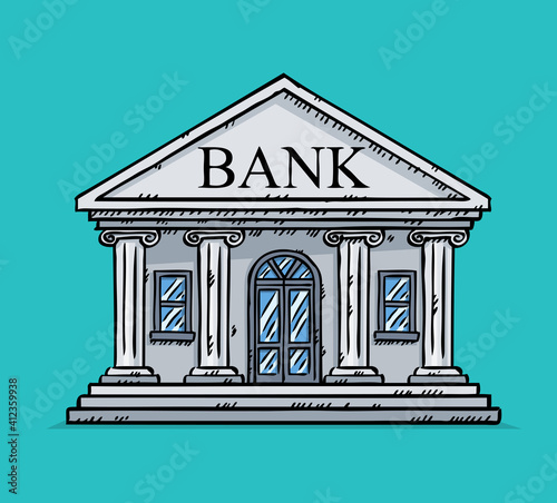 Colorful, doodle style vector illustration of bank. Hand drawn vector illustration of online banking.