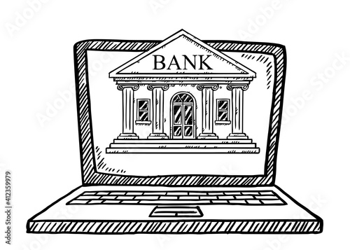 Black and white cartoon style vector illustration of Bank apllication on laptop screen. Doodle style illustration. Hand drawn vector illustration of online banking.

