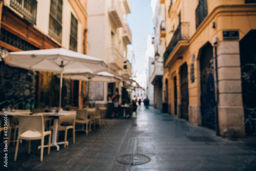 Unfocused empty bar at empty street in Valencia, Spain. Unfocused empty bar at empty street in Valencia, Spain.
