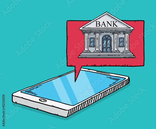 Colorful, doodle style vector illustration of smartphone and bank application on screen. Hand drawn vector illustration of online banking.
