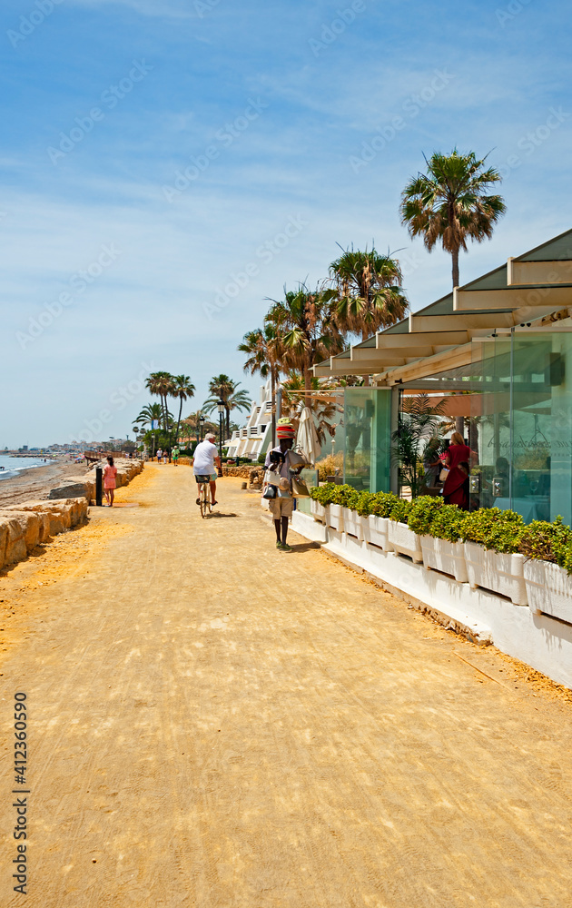 View of the Maritime Promenade of Marbella which is considered one of the most beautiful pedestrian areas along the coast