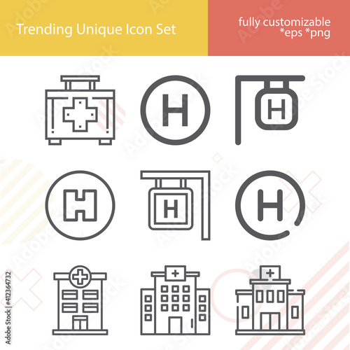Simple set of health facility related lineal icons.