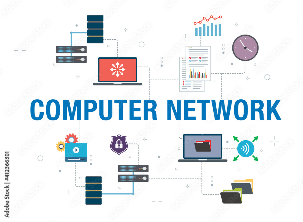 Computer network concept with icon design in vector on white background. Vector icons of server, safety, cloud computing, laptop, database, wireless, clock and files. Computer network concept with icon design in vector on white background. Vector icons of server, safety, cloud computing, laptop, database, wireless, clock and files.