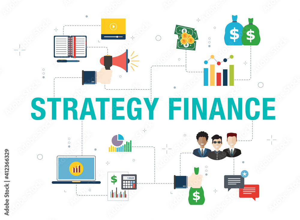 Strategy finance concept with icon design in vector on white background. Vector icons of megaphone, laptop, money, chart, businessman, report and profit. Strategy finance concept with icon design in vector on white background. Vector icons of megaphone, laptop, money, chart, businessman, report and profit.