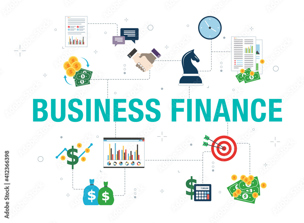Business finance concept with icon design in vector on white background. Vector icons of handshake, calculator, report, target,  currency and money.