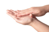 Woman hands using wash hand sanitizer gel to prevention virus epidemic or antibacterial on white background.