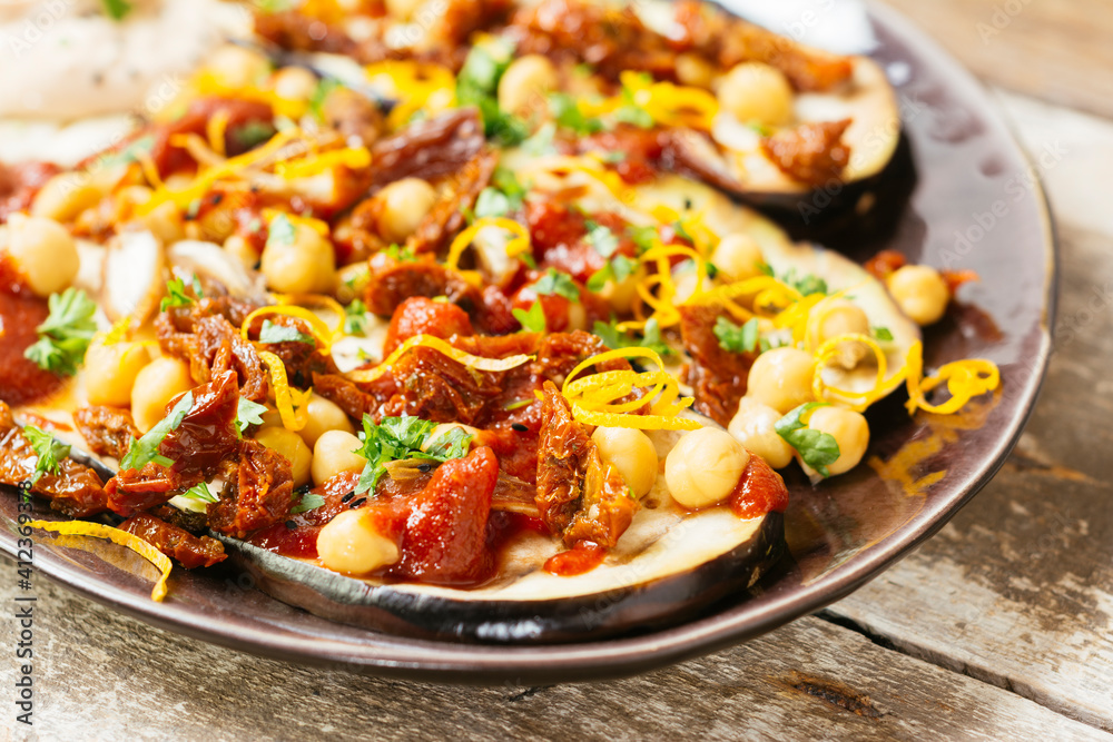 Grilled Eggplant with Chickpeas, Sun-dried Tomatoes and Dates Grilled Eggplant with Chickpeas, Sun-dried Tomatoes and Dates
