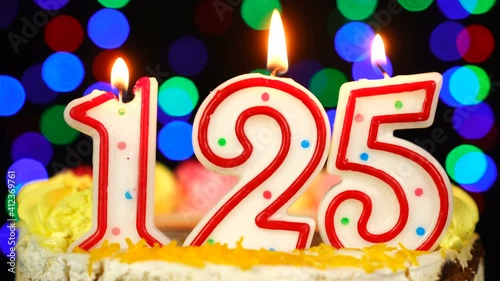 Number 125 Happy Birthday Cake With Burning Candles Topper.