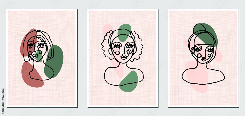 Set of cards with black line art with colorful abstract spots on a beige background. Trendy print for any purposes. Continuous one line drawings of women.