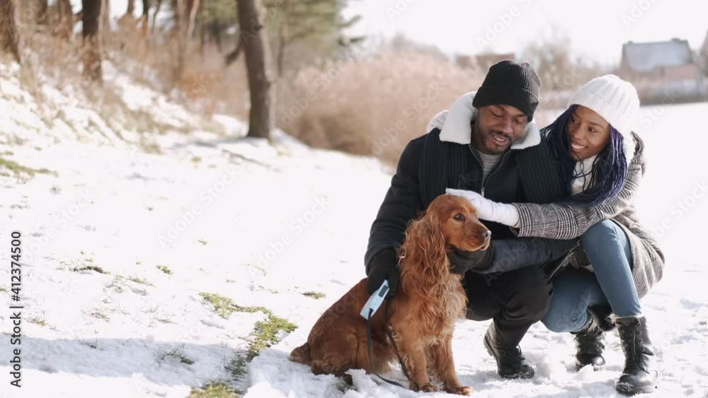 Walking with pet, love relationship. Young man and woman warmly dresse are walking together with dog in a park. Walking with pet, love relationship. Young man and woman warmly dresse are walking together with dog in a park.