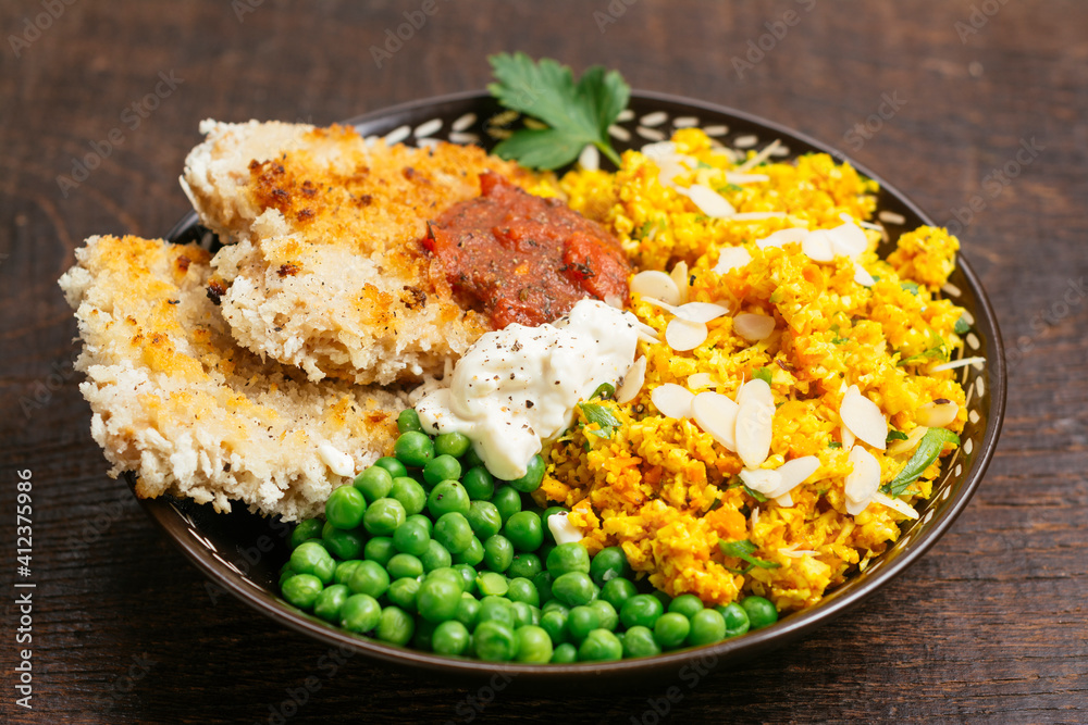 TVP Schnitzels with Golden Cauliflower Rice and Peas TVP Schnitzels with Golden Cauliflower Rice and Peas