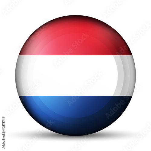 Glass light ball with flag of Netherlands. Round sphere, template icon. Dutch national symbol. Glossy realistic ball, 3D abstract vector illustration highlighted on a white background. Big bubble.