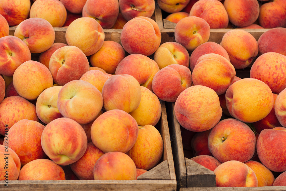 Peaches in crates for sale at farmers market Peaches in crates for sale at farmers market