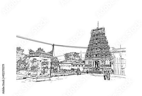 Building view with landmark of South India is the
region in India. Hand drawn sketch illustration in vector.