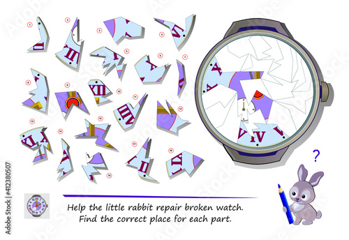 Logic puzzle game for children and adults. Help the little rabbit repair broken watch. Find the correct place for each part. Page for kids brain teaser book. Developing spatial thinking. Play online.