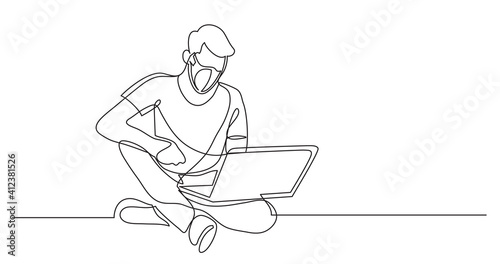 continuous line drawing of man wearing face mask sitting with laptop computer
