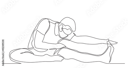continuous line drawing of man stretching his leg in yoga exercise wearing face mask