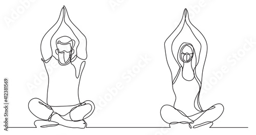 man woman doing yoga wearing face masks - continuous line drawing
